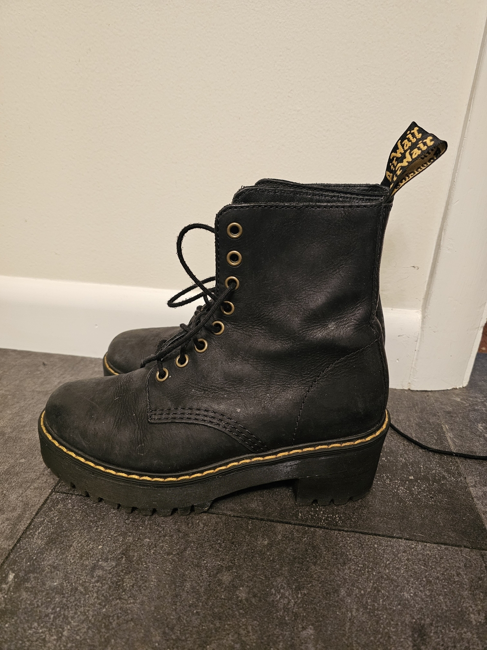 Dr. Martens Black Leather Platform Lace-Up Ankle Boots with Yellow Stitching